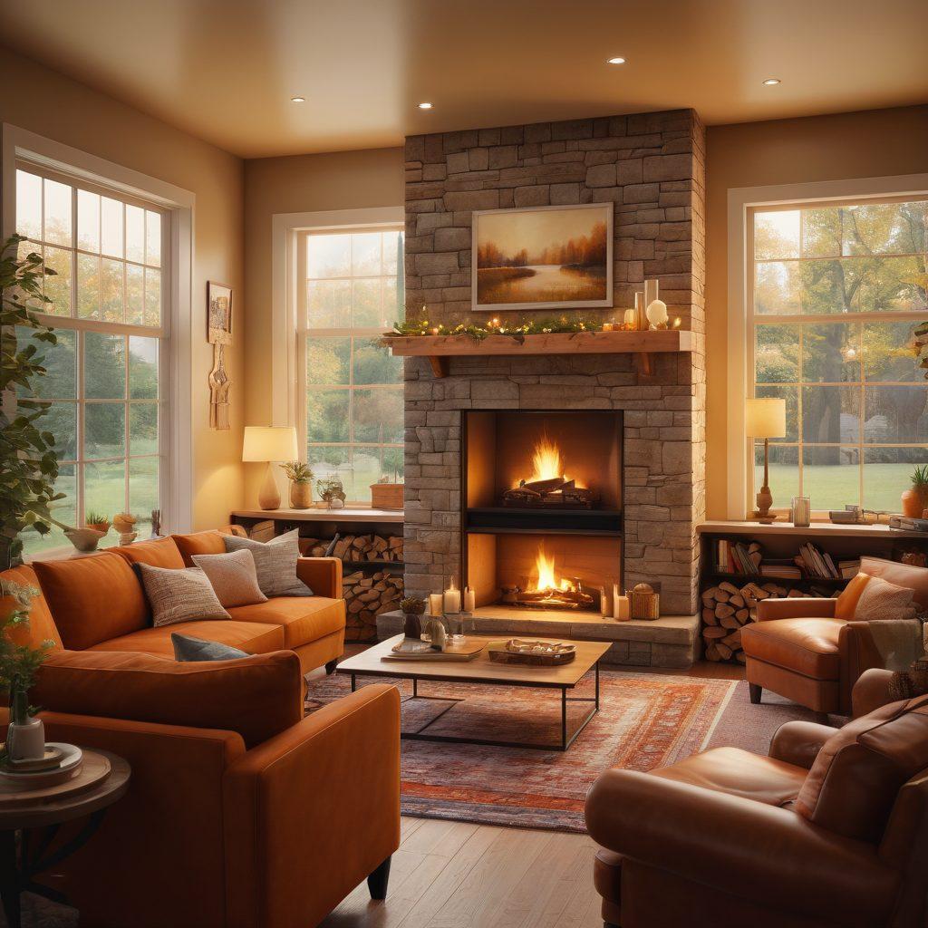 A warm, cozy living room setting with diverse friends and family gathered around a glowing fireplace, sharing joyful laughter and heartfelt conversations. Display sentimental notes and photographs scattered around, symbolizing meaningful connections. Soft ambient lighting enhances the atmosphere of togetherness, with a backdrop of nature visible through large windows. super-realistic. vibrant colors. warm tones.