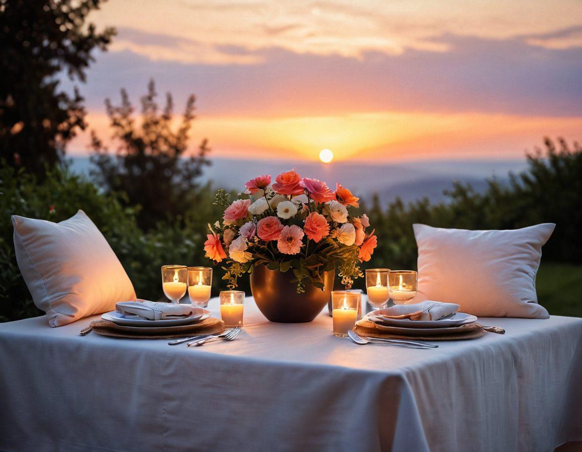 A cozy scene of a candlelit dinner table set for two, surrounded by soft pillows and delicate flower arrangements, with a gentle sunset in the background. Include a couple exchanging love notes and small gifts, radiating warmth and affection. The ambiance should evoke feelings of intimacy and connection. surrealism. warm colors. soft focus.