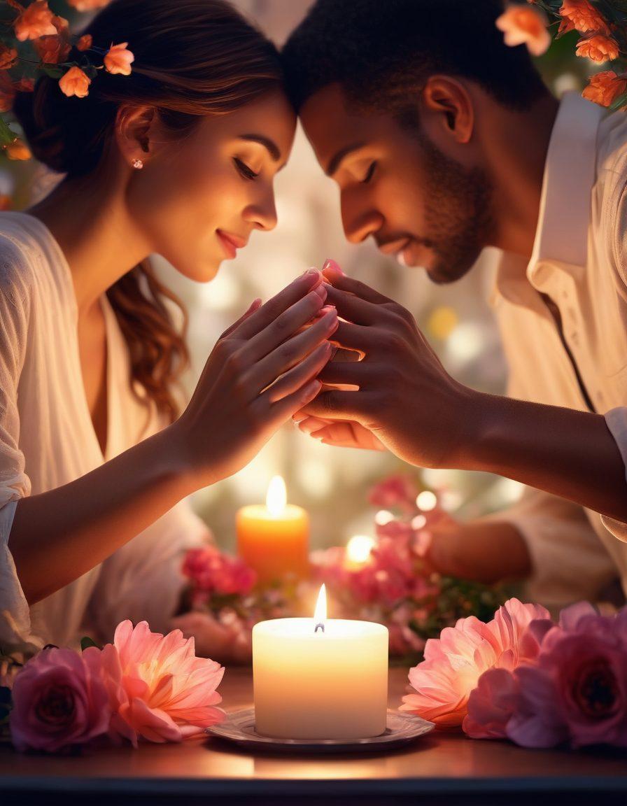 A serene and romantic scene featuring a couple exchanging heartfelt gestures of love, surrounded by vibrant flowers and soft candlelight. Include elements like handwritten love notes and intertwined hands, symbolizing intimacy and connection. The background should reflect a warm, inviting atmosphere with soft bokeh lights. super-realistic. vibrant colors. soft focus.